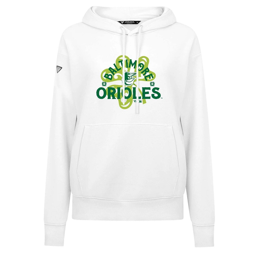 Women's Levelwear  White Baltimore Orioles St. Patrick's Day Adorn Shamrock Pullover Hoodie