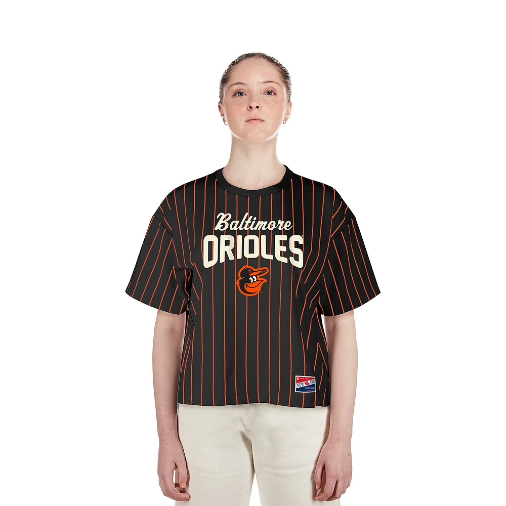 Women's New Era Black Baltimore Orioles Cooperstown Collection Multiplier Pinstripe Cropped T-Shirt