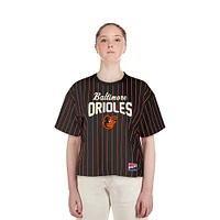 Women's New Era Black Baltimore Orioles Cooperstown Collection Multiplier Pinstripe Cropped T-Shirt