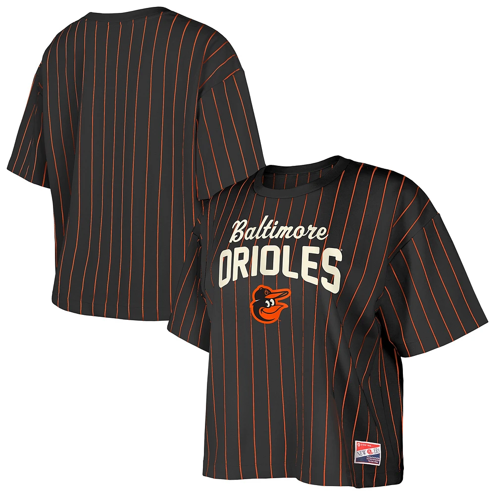 Women's New Era Black Baltimore Orioles Cooperstown Collection Multiplier Pinstripe Cropped T-Shirt