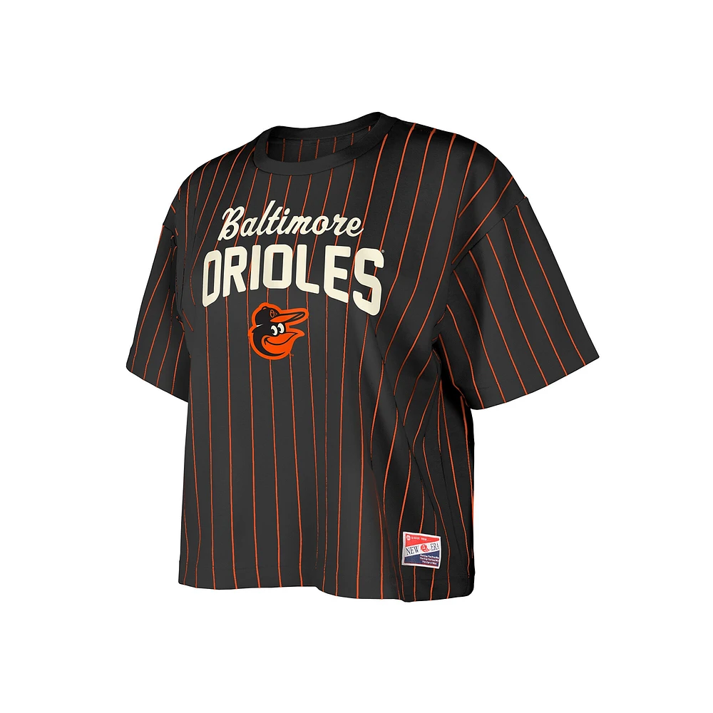 Women's New Era Black Baltimore Orioles Cooperstown Collection Multiplier Pinstripe Cropped T-Shirt