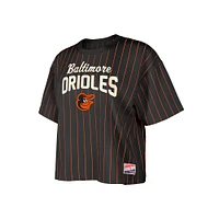 Women's New Era Black Baltimore Orioles Cooperstown Collection Multiplier Pinstripe Cropped T-Shirt