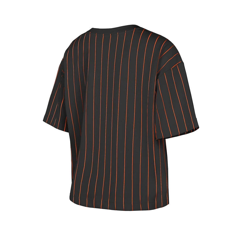 Women's New Era Black Baltimore Orioles Cooperstown Collection Multiplier Pinstripe Cropped T-Shirt