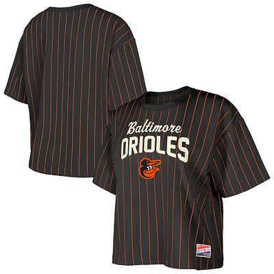 Women's New Era Black Baltimore Orioles Cooperstown Collection Multiplier Pinstripe Cropped T-Shirt