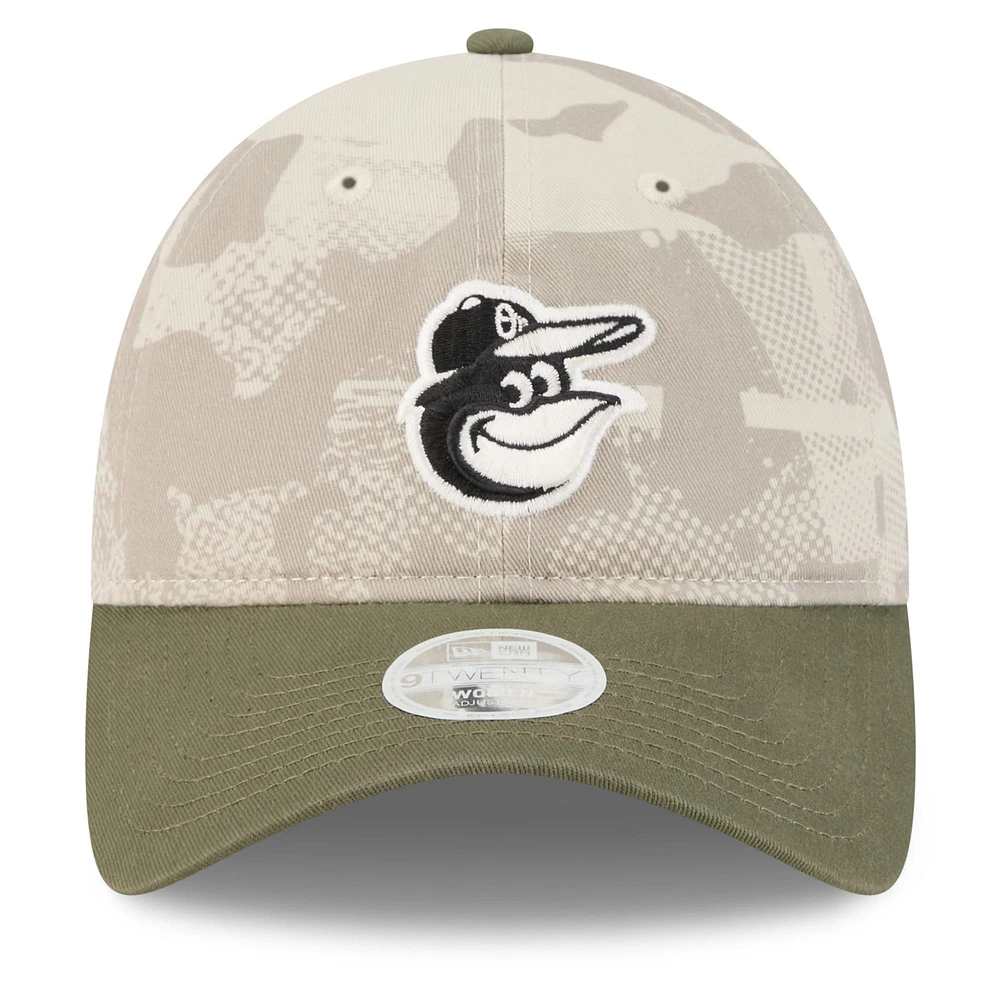 Women's New Era Light Beige/Olive Baltimore Orioles 2025 Armed Forces Day 9TWENTY Adjustable Hat