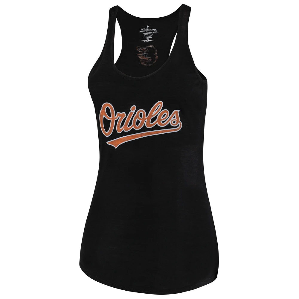 Women's Soft as a Grape Black Baltimore Orioles Plus Swing for the Fences Racerback Tank Top