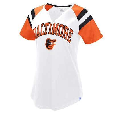 Women's Starter White/Orange Baltimore Orioles Game On Notch Neck Raglan T-Shirt