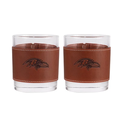 Lot de 2 verres à whisky Baltimore Ravens de 12 oz avec emballage en cuir