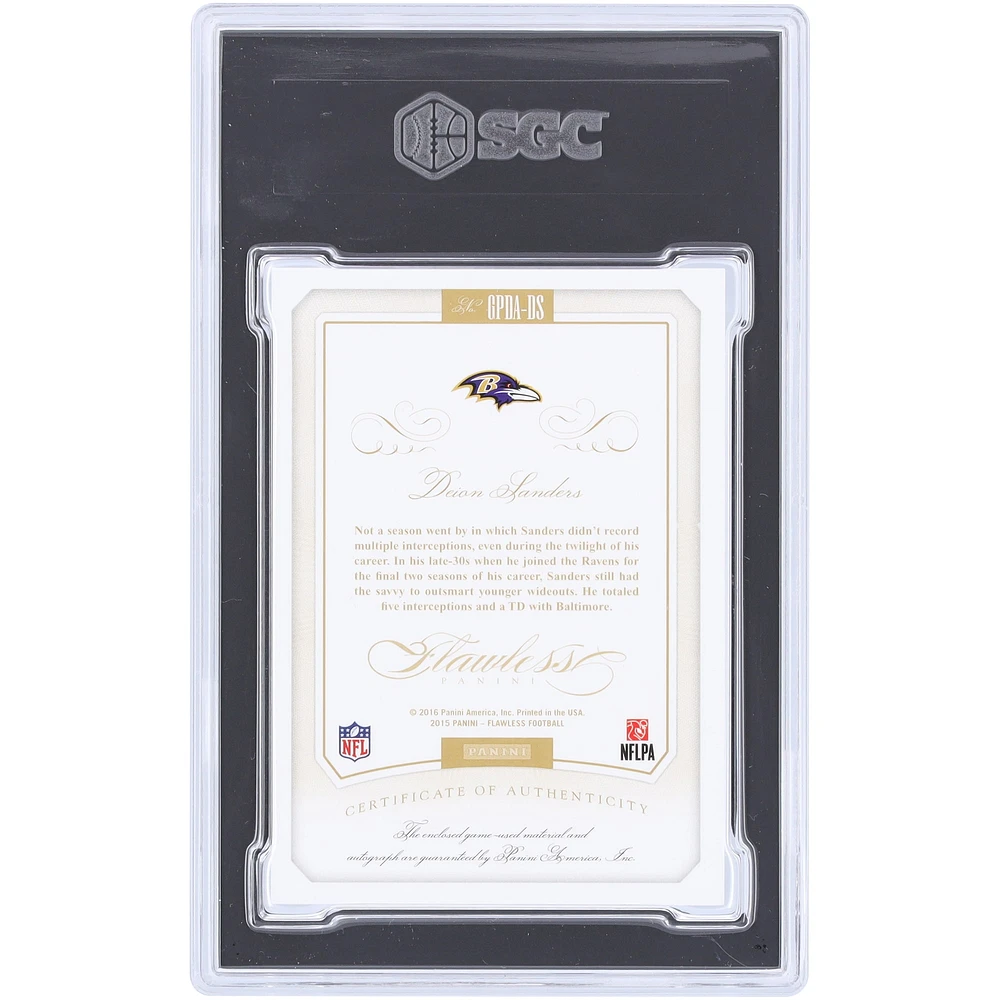 Carte autographiée Panini Flawless Gold Greats Dual Patch 2015 de Deion Sanders Baltimore Ravens, relique 3 couleurs #GPDA-DS #3/10 SGC authentifiée 8,5