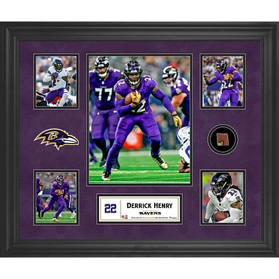 Collage de cinq photos de 20" x 24" de Derrick Henry Baltimore Ravens avec un morceau de ballon de football utilisé lors du match