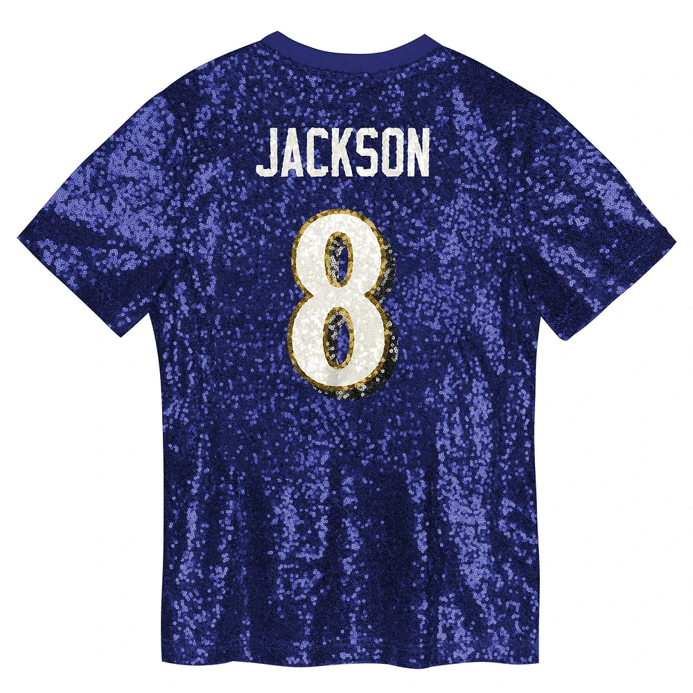 Girls Youth Lamar Jackson Purple Baltimore Ravens Sequin V-Neck Fashion Jersey