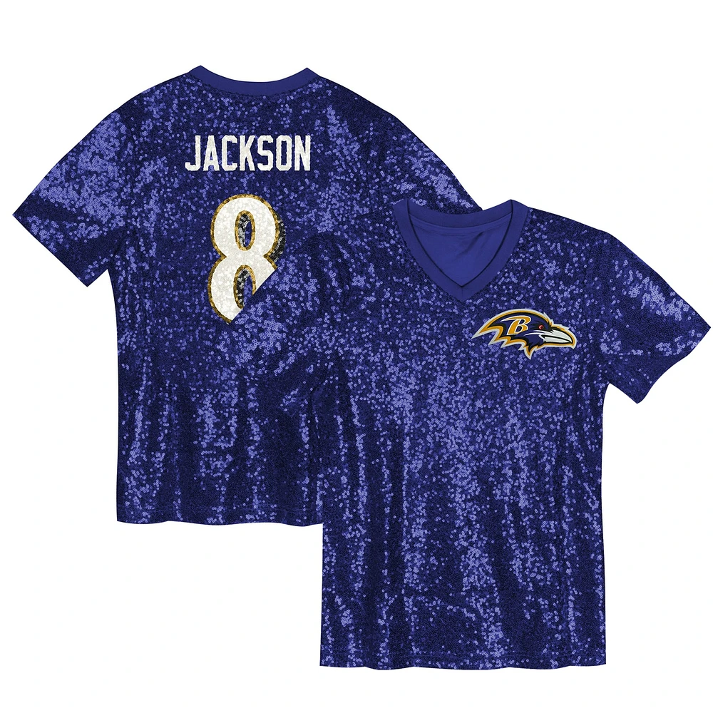 Girls Youth Lamar Jackson Purple Baltimore Ravens Sequin V-Neck Fashion Jersey