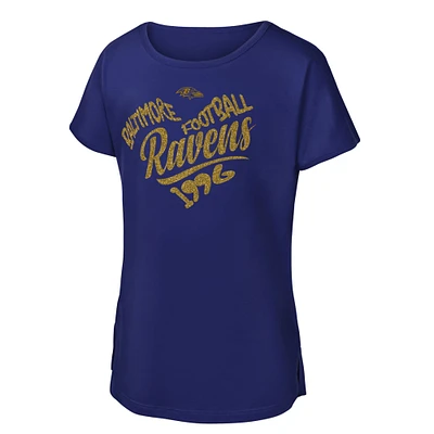 Girls Youth Purple Baltimore Ravens Script Heart Dolman T-Shirt