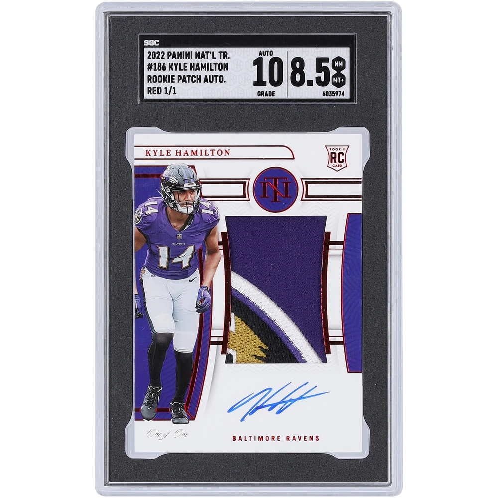 Kyle Hamilton Baltimore Ravens Autographed 2022 Panini National Treasures Logo Patch Relic #186 #1/1 SGC Authenticated 8.5/10 Rookie Card