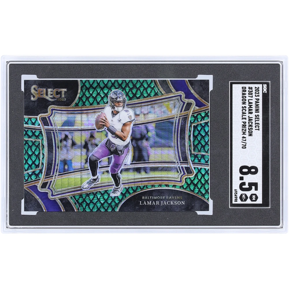 Lamar Jackson Baltimore Ravens 2023 Panini Select Dragon Scale Prizm #307 #47/70 SGC Authenticated 8.5 Card
