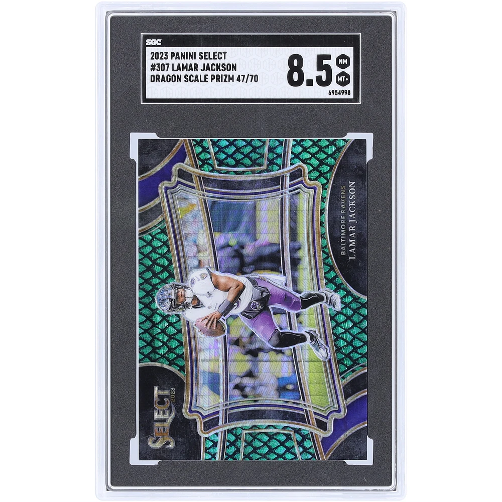 Lamar Jackson Baltimore Ravens 2023 Panini Select Dragon Scale Prizm #307 #47/70 SGC Authenticated 8.5 Card