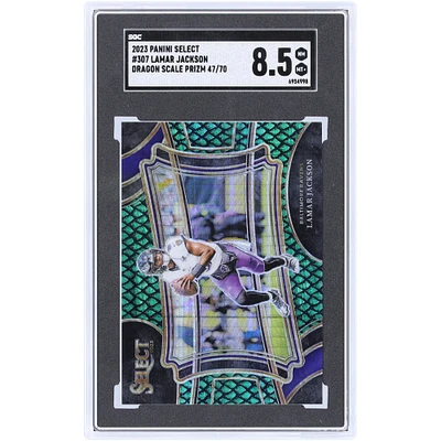 Lamar Jackson Baltimore Ravens 2023 Panini Select Dragon Scale Prizm #307 #47/70 SGC Authenticated 8.5 Card