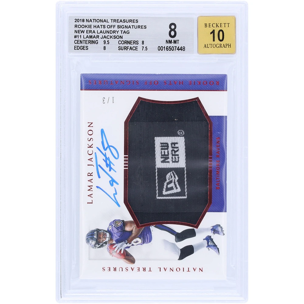 Lamar Jackson Baltimore Ravens Autographed 2018 Panini National Treasures Hats Off New Era Logo Relic #HO-LJ #1/3 BGS Authenticated 8/10 Rookie Card - 9.5,8,8,7.5 Subgrades