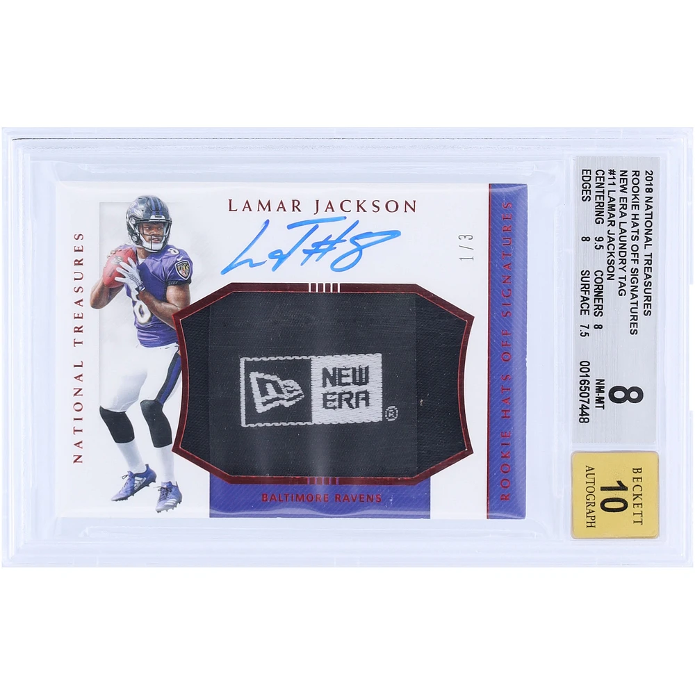 Lamar Jackson Baltimore Ravens Autographed 2018 Panini National Treasures Hats Off New Era Logo Relic #HO-LJ #1/3 BGS Authenticated 8/10 Rookie Card - 9.5,8,8,7.5 Subgrades