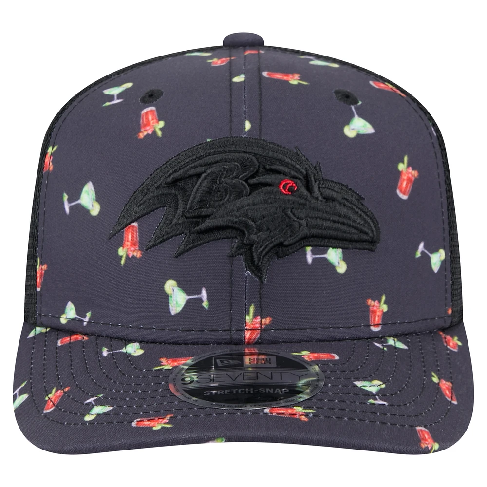 Men's New Era  Navy/Black Baltimore Ravens Adventure Drinks Pattern 9SEVENTY Stretch-Snap Hat