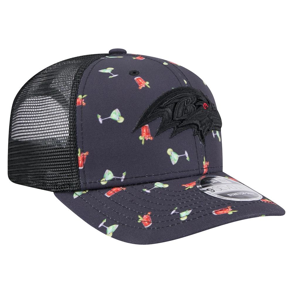 Men's New Era  Navy/Black Baltimore Ravens Adventure Drinks Pattern 9SEVENTY Stretch-Snap Hat