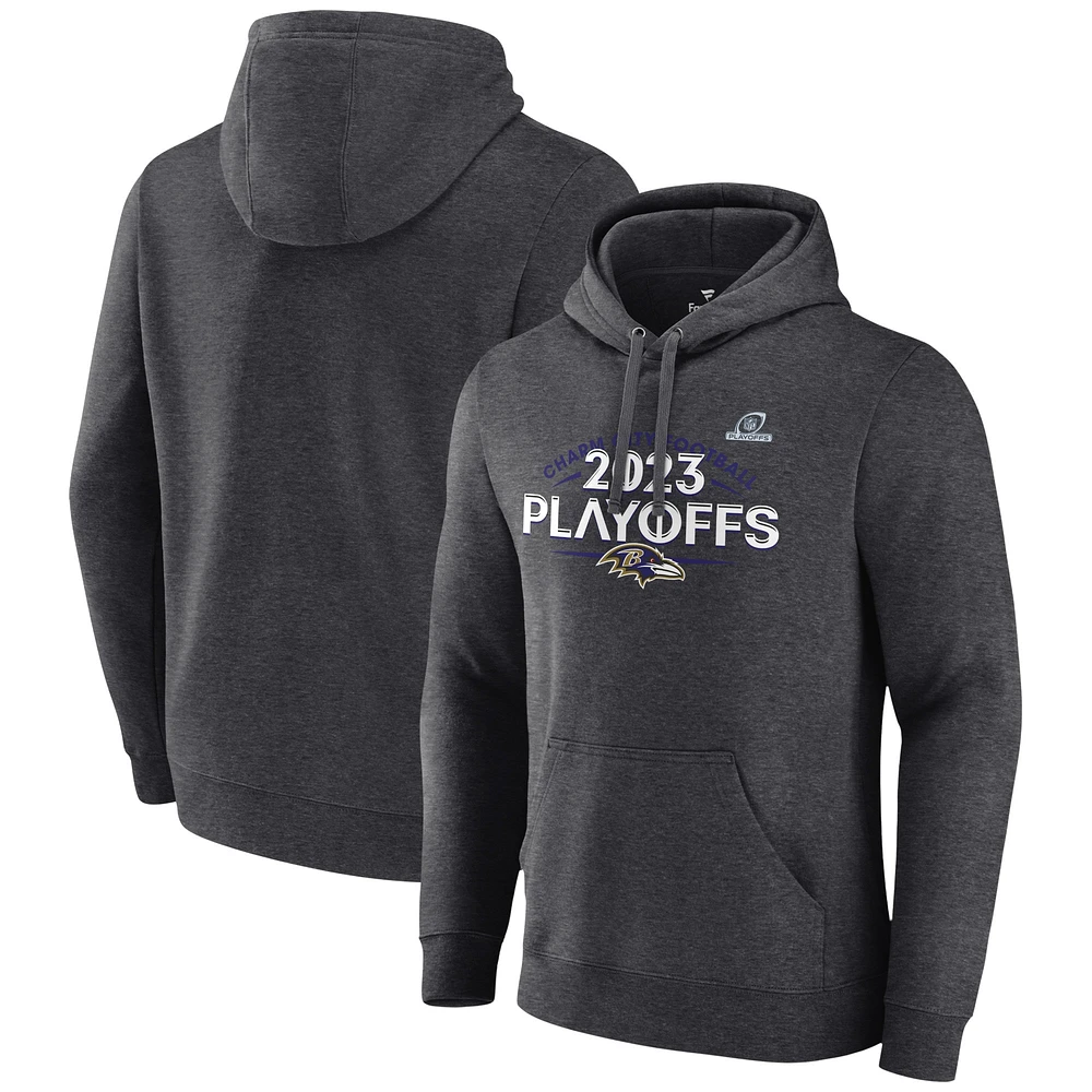 Men's Fanatics Heather Charcoal Baltimore Ravens 2023 NFL Playoffs Fleece Pullover Hoodie