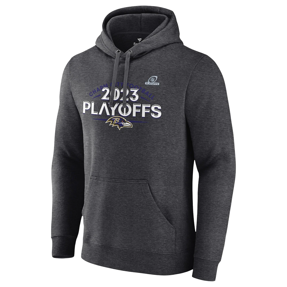 Men's Fanatics Heather Charcoal Baltimore Ravens 2023 NFL Playoffs Fleece Pullover Hoodie