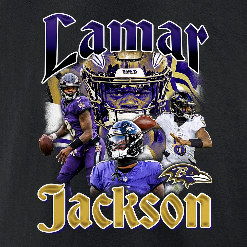 T-shirt graphique Fanatics Lamar Jackson pour hommes, joueur notoire des Baltimore Ravens, noir