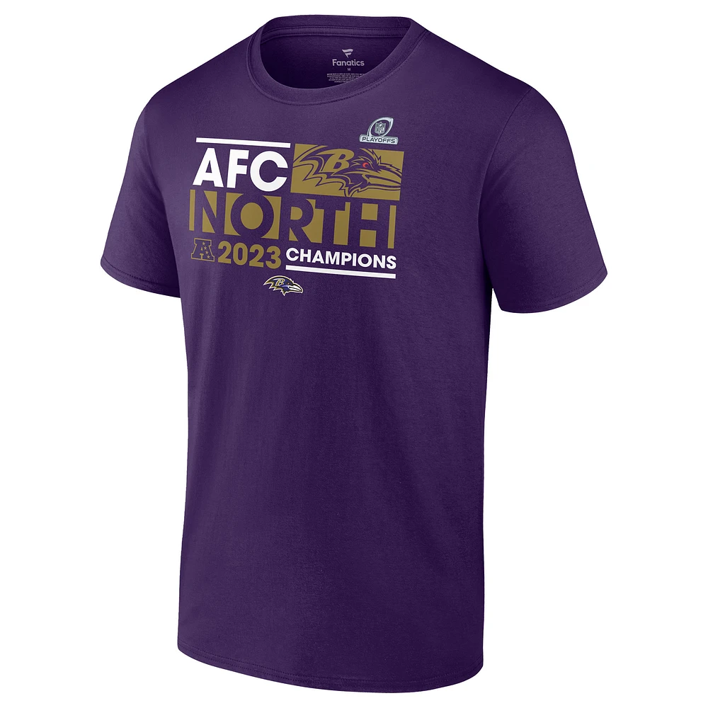 T-shirt violet Fanatics pour hommes Baltimore Ravens 2023 AFC North Division Champions Conquer