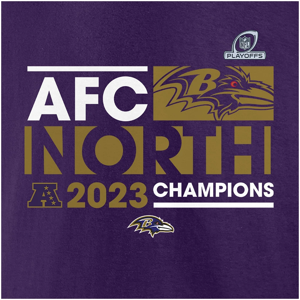 T-shirt violet Fanatics pour hommes Baltimore Ravens 2023 AFC North Division Champions Conquer