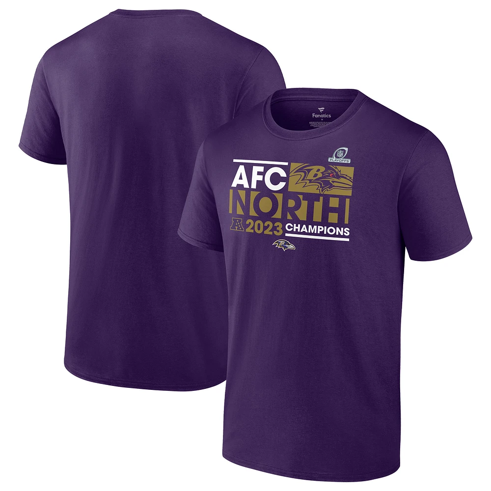 T-shirt violet Fanatics pour hommes Baltimore Ravens 2023 AFC North Division Champions Conquer