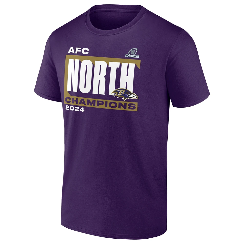 T-shirt violet fanatiques pour hommes Baltimore Ravens 2024 AFC North Division Champions Conquer