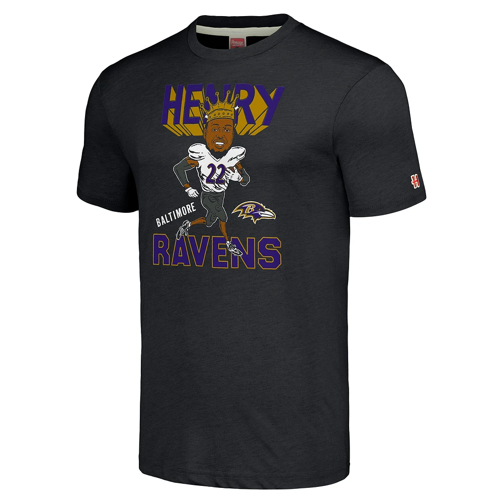 T-shirt à trois mélanges pour hommes, hommage Derrick Henry Charcoal, joueur de caricature des Ravens Baltimore