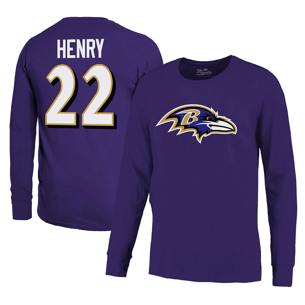 T-shirt à manches longues pour hommes Majestic Threads Derrick Henry violet Baltimore Ravens nom et numéro