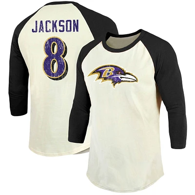 Men's Majestic Threads Lamar Jackson Cream/Black Baltimore Ravens Vintage Player Name & Number 3/4-Sleeve Fitted T-Shirt