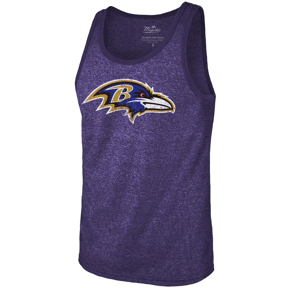 Débardeur tri-mélange violet pour hommes Majestic Threads Lamar Jackson Baltimore Ravens nom et numéro