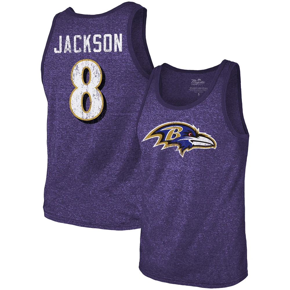 Débardeur tri-mélange violet pour hommes Majestic Threads Lamar Jackson Baltimore Ravens nom et numéro