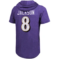 Majestic Threads Lamar Jackson Violet Baltimore Ravens Nom et numéro du joueur Tri-Blend T-shirt à capuche ajusté pour hommes