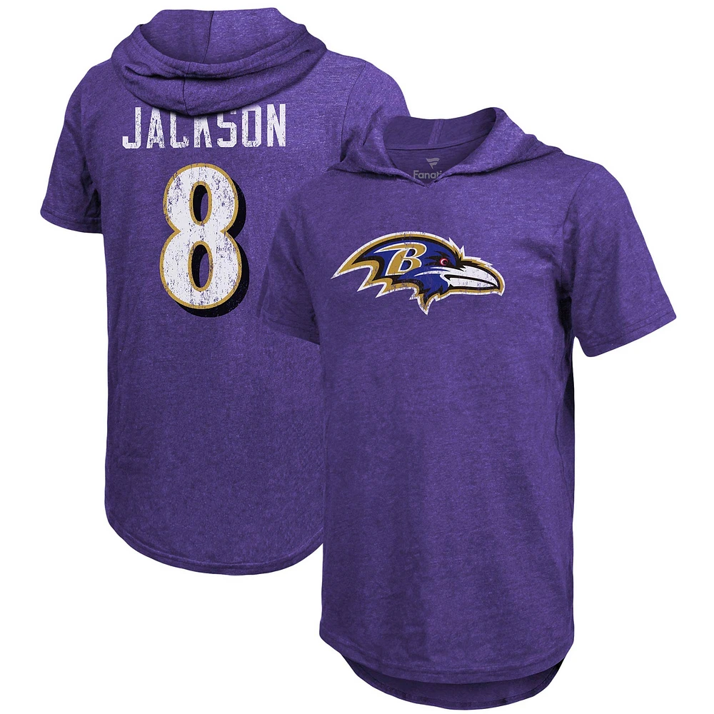 Majestic Threads Lamar Jackson Violet Baltimore Ravens Nom et numéro du joueur Tri-Blend T-shirt à capuche ajusté pour hommes