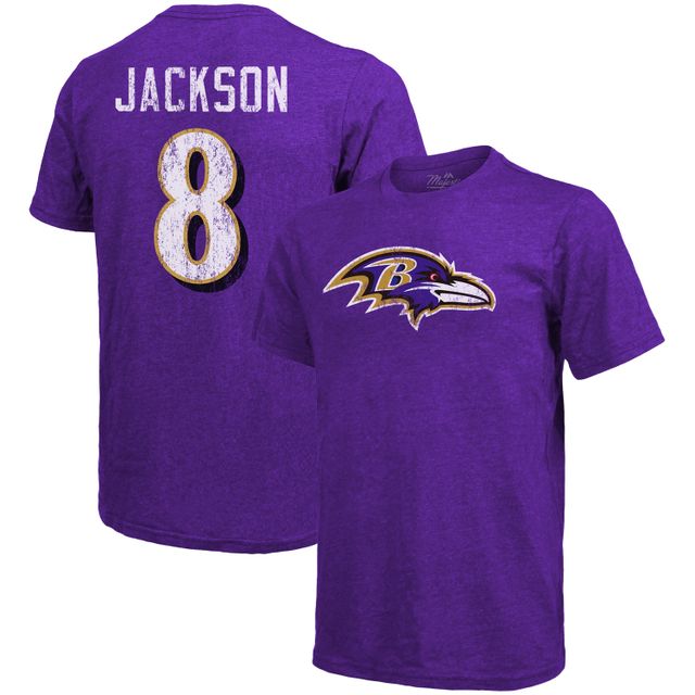 T-shirt à trois mélanges avec nom et numéro pour hommes, Majestic Threads, Lamar Jackson, violet, Baltimore Ravens