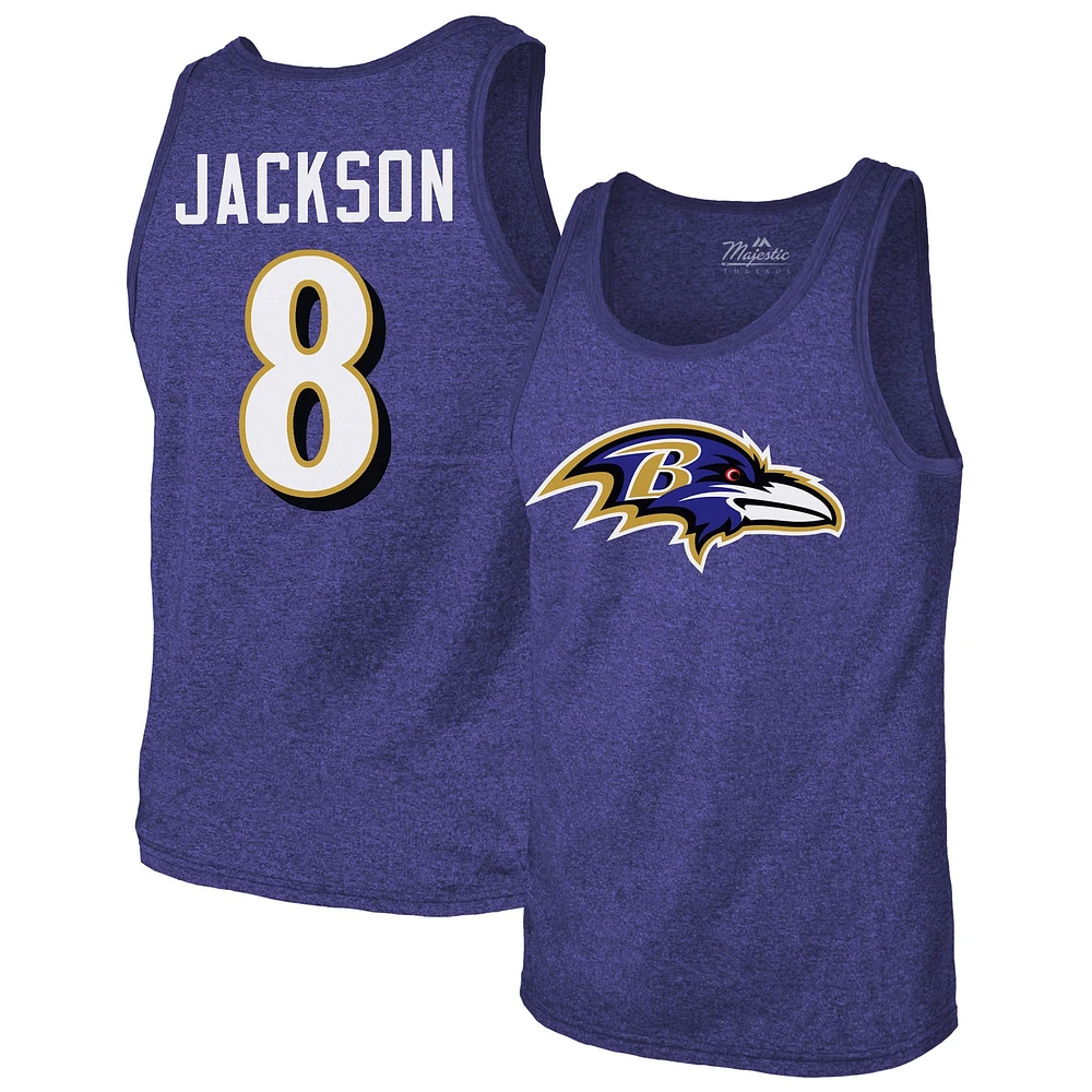 Débardeur violet pour hommes Majestic Threads Lamar Jackson Baltimore Ravens Tri-Blend Nom et numéro du joueur