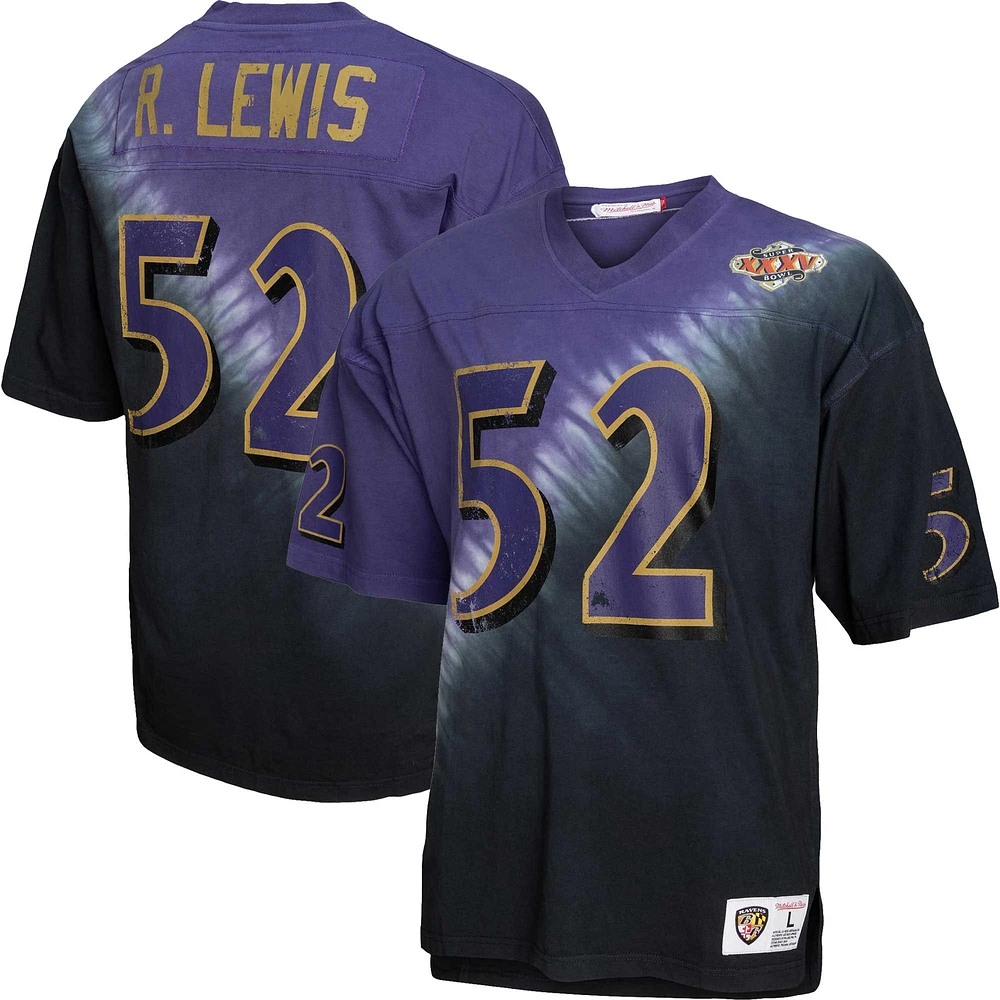 T-shirt à encolure en V pour homme Mitchell & Ness Ray Lewis violet/noir des Ravens de Baltimore Retired Player Name Number Diagonal Tie-Dye