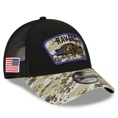 Baltimore Ravens 2021 Salute To Service de New Era pour homme, noir/camouflage - Casquette réglable Snapback Trucker 9FORTY