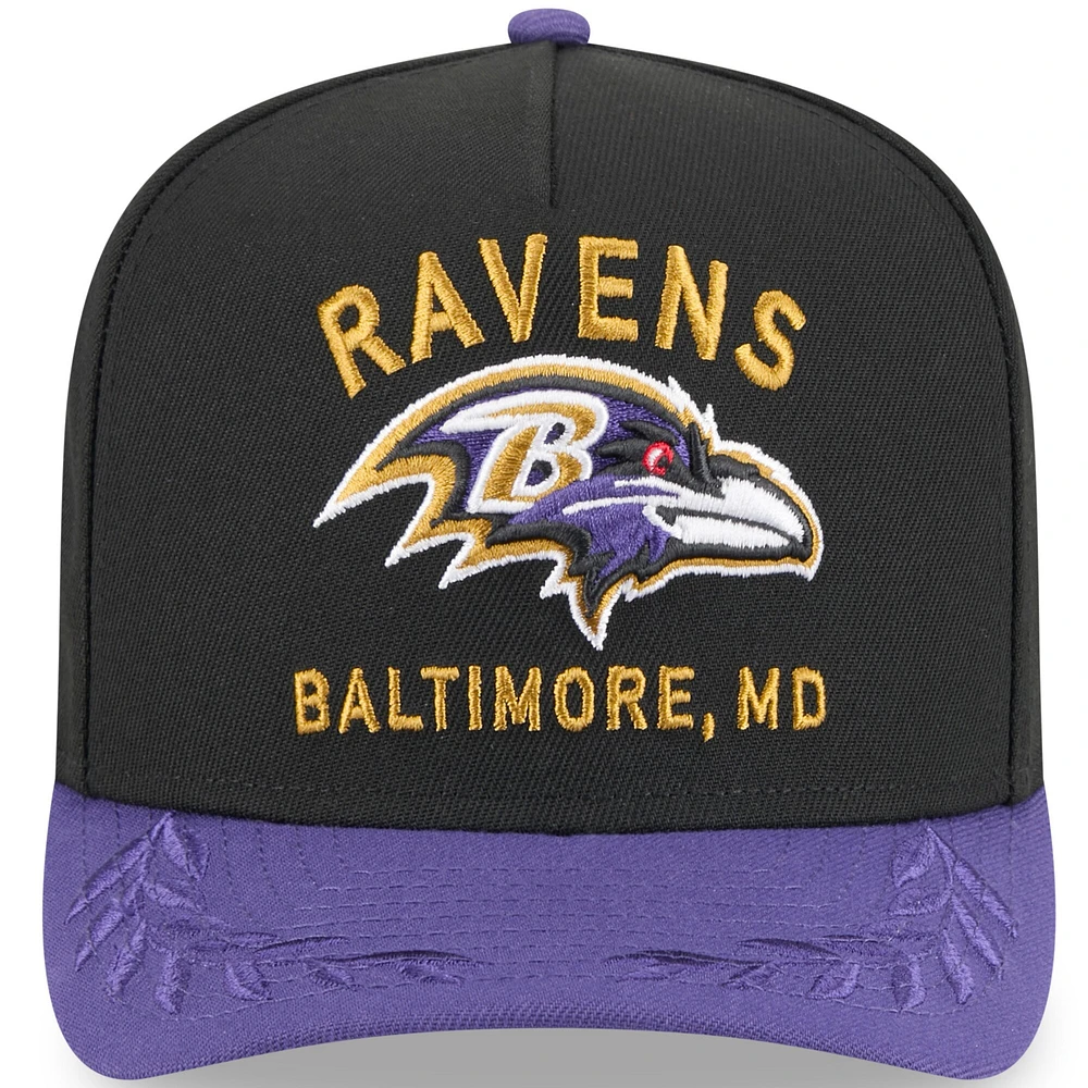 Casquette snapback 9FIFTY A-Frame noire/violette pour homme des Baltimore Ravens, draft NFL 2025, New Era