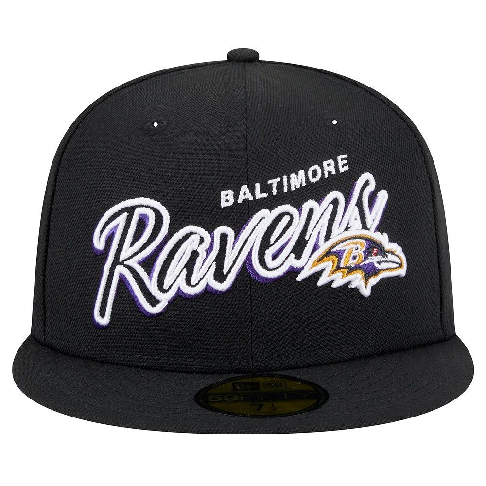 Men's New Era Black Baltimore Ravens  Script Sided 59FIFTY Fitted Hat