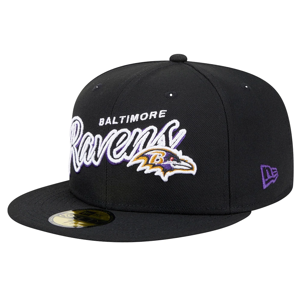 Men's New Era Black Baltimore Ravens  Script Sided 59FIFTY Fitted Hat