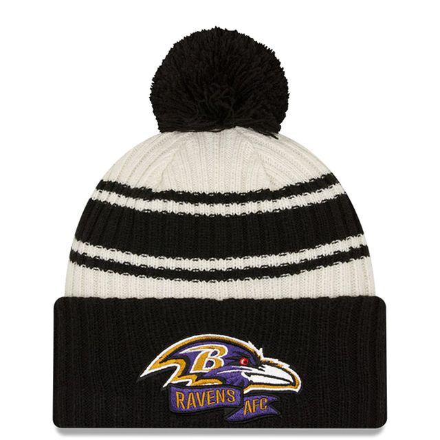 Baltimore Ravens 2022 Sideline crème/noir New Era pour homme - Tuque en tricot à revers sport avec pompons