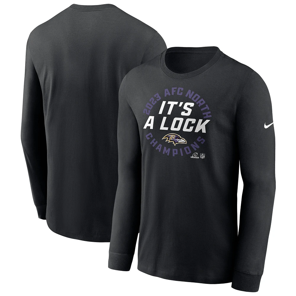 T-shirt à manches longues Nike noir Baltimore Ravens 2023 AFC Division Nord Champions Locker Room Trophy Collection pour homme