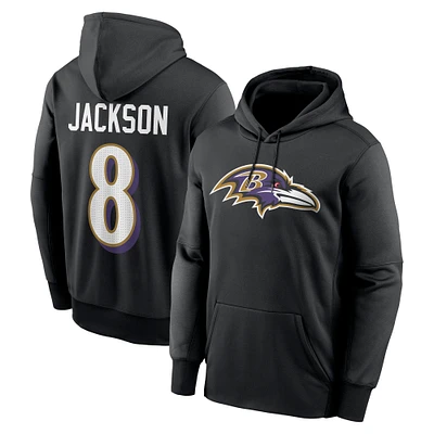 Sweat à capuche Nike Lamar Jackson pour homme, noir, avec nom et numéro de joueur des Baltimore Ravens