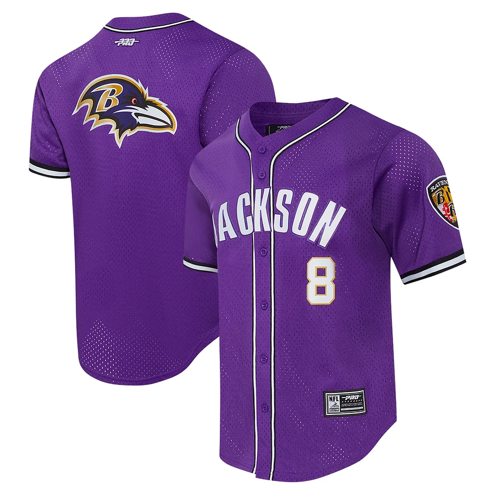 Maillot de baseball boutonné en maille Pro Standard Lamar Jackson violet Baltimore Ravens pour hommes